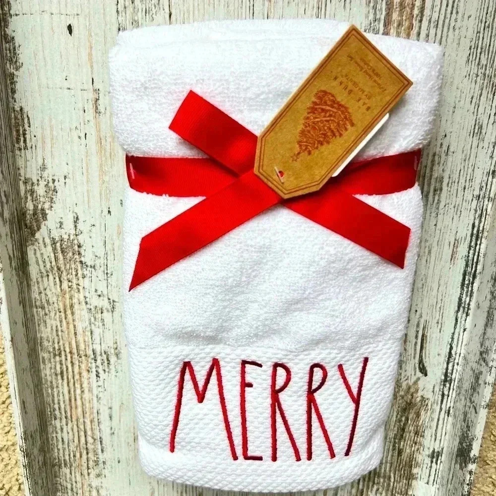 NEW - SET of 2 - MERRY - Rae Dunn - White with Red Embroidering Hand Towel SET